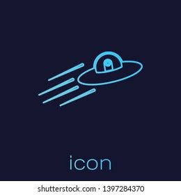 Turquoise UFO flying spaceship and alien line icon isolated on blue background. Flying saucer. Alien space ship. Futuristic unknown flying object. Vector Illustration