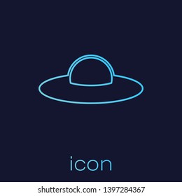 Turquoise UFO flying spaceship line icon isolated on blue background. Flying saucer. Alien space ship. Futuristic unknown flying object. Vector Illustration