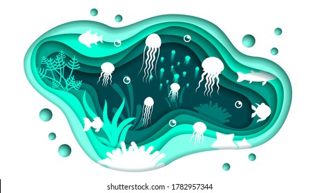Turquoise Underwater Abstract Paper Cut Background Vector Sea Ocean Fish Seaweed Wave Nature Shadows Jellyfish