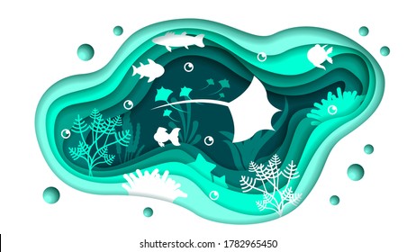 Turquoise Underwater Abstract Paper Cut Background Vector Sea Ocean Fish Seaweed Wave Nature Shadows Slope