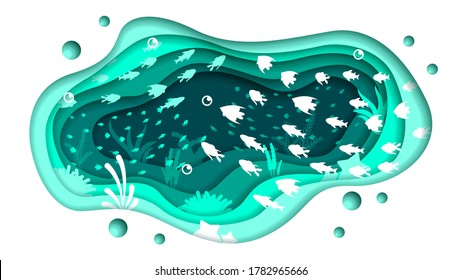 Turquoise Underwater Abstract Paper Cut Background Vector Sea Ocean Fish Seaweed Wave Nature Shadows