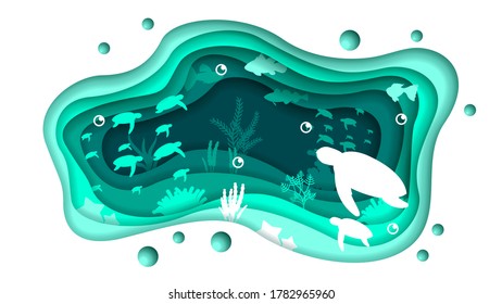 Turquoise Underwater Abstract Paper Cut Background Vector Sea Ocean Fish Seaweed Wave Nature Shadows Turtles