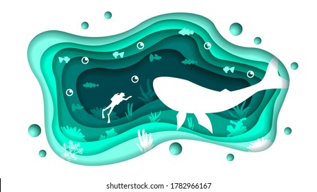 Turquoise Underwater Abstract Paper Cut Background Vector Sea Ocean Fish Seaweed Wave Nature Shadows Whale And Diver