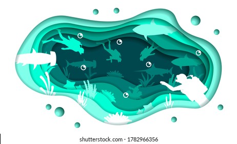 Turquoise Underwater Abstract Paper Cut Background Vector Sea Ocean Fish Seaweed Wave Nature Shadows Divers And Sharks