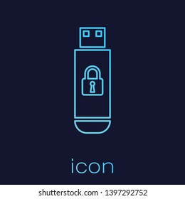 Turquoise USB flash drive with closed padlock line icon isolated on blue background. Security, safety, protection concept. Vector Illustration
