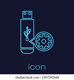 Turquoise USB flash drive and gear line icon isolated on blue background. Adjusting app, service concept, setting options, maintenance, repair, fixing. Vector Illustration