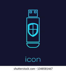 Turquoise USB flash drive and protection shield line icon isolated on blue background. Vector Illustration