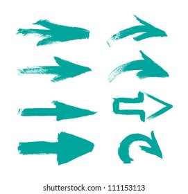 Turquoise vector hand-painted brush stroke arrows collection on black background