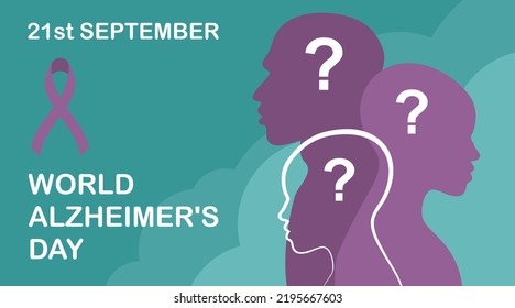 TURQUOISE VECTOR HORIZONTAL BACKGROUND WITH LILAC SILHOUETTES OF HUMAN HEADS AND QUESTION MARKS FOR ALZHEIMER'S DAY