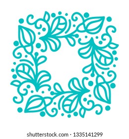Turquoise vector monoline calligraphy flourish frame for greeting card. Vintage Hand drawn floral monogram elements. Sketch doodle design with place for text. Isolated illustration.