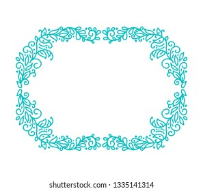 Turquoise vector monoline calligraphy flourish frame for greeting card. Vintage Hand drawn floral monogram elements. Sketch doodle design with place for text. Isolated illustration.