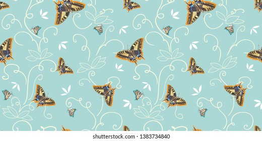 Turquoise vector repeat pattern with abstract plant, realsitic butterfly and petals. Surface pattern. Nature.