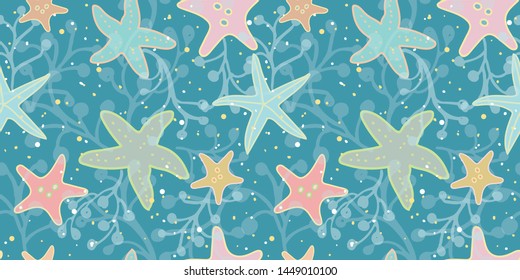 Turquoise vector repeat pattern with pastel starfish, seaweed and sand. Summer beach pattern. Surface pattern design.