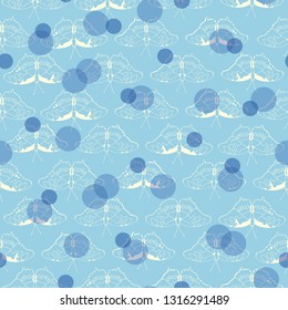 Turquoise vector repeat pattern with white butterfly and blue dots. Geometric.