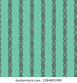 Turquoise vector seamless pattern with grey vertical elements. Silver oval shapes, arranged in chains with hand drawn spirals. Suitable for fabric, home decor and packaging