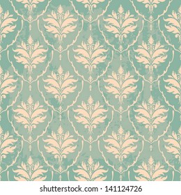 Turquoise Victorian Vintage Wallpaper Design With Texture. Blue Retro Seamless Pattern With Floral Damask Elements. Old Fashioned Rococo Textile Print. Vector Background.