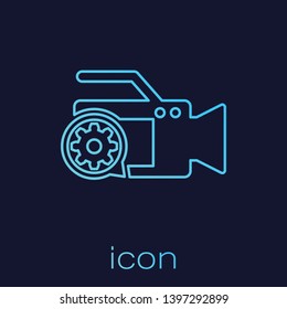 Turquoise Video camera and gear line icon isolated on blue background. Adjusting app, service concept, setting options, maintenance, repair, fixing. Vector Illustration