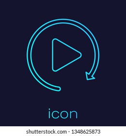 Turquoise Video play button like simple replay line icon isolated on blue background. Vector Illustration
