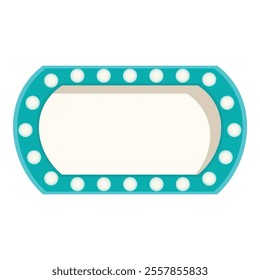 Turquoise vintage frame with light bulbs is shining, isolated on white background