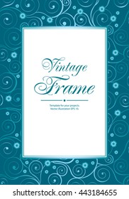  Turquoise vintage frame with swirls and flowers. Vector illustration.