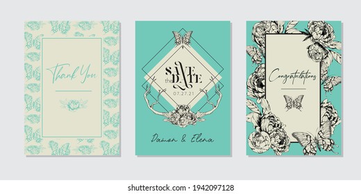 Turquoise Vintage Retro Style Peonies Flower Floral Butterfly for wedding, birthday, greeting, Thank you, fashion, Beauty, Events, Invitation Card Template. 