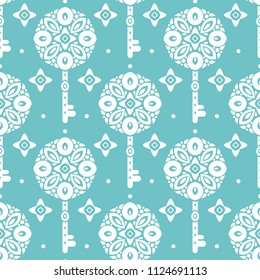 Turquoise vintage vector seamless pattern with keys, wallpaper. Elegant classic texture. Luxury ornament. Traditional,Turkish, Indian motifs. Great for fabric and textile, wallpaper, packaging.