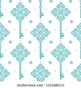 Turquoise vintage vector seamless pattern with keys, wallpaper. Elegant classic texture. Luxury ornament. Traditional,Turkish, Indian motifs. Great for fabric and textile, wallpaper, packaging.