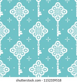 Turquoise vintage vector seamless pattern with keys, wallpaper. Elegant classic texture. Luxury ornament. Traditional,Turkish, Indian motifs. Great for fabric and textile, wallpaper, packaging.