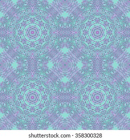 Turquoise and violet intricate lacy vector seamless pattern with stylized floral elements; folk, rustic or boho style
