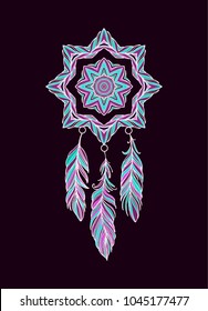 Turquoise - violet vector dream catcher with feathers on dark background