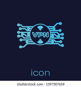 Turquoise VPN in circle with microchip circuit line icon isolated on blue background. Vector Illustration
