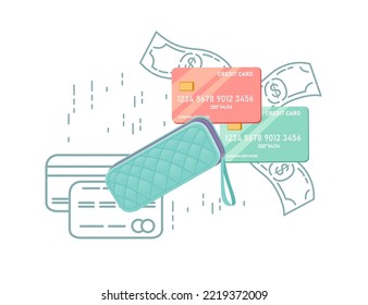 Turquoise wallet with dollars and credit cards e-commerce vector illustration on white background