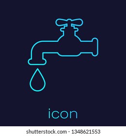 Turquoise Water tap with a falling water drop line icon isolated on blue background. Vector Illustration