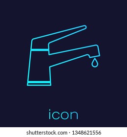 Turquoise Water tap with a falling water drop line icon isolated on blue background. Vector Illustration