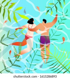 Turquoise water tropical paradise honeymoon, couple swimming together artistic design. Romantic graphic artwork happy date couple swimming in the sea. Valentine, honeymoon or touristic postcard.