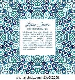 Turquoise watercolor doodle decorative pattern. Square frame