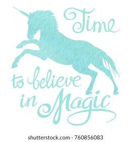 Turquoise watercolor unicorn silhouette and lettering isolated on white background. Vector illustration