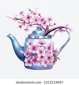 A turquoise watering can full of colorful pinkish , Watercolor Style Portrait