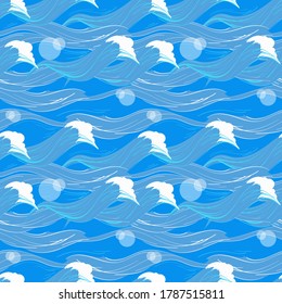 Turquoise waves created on summer beach fabric pattern, vector drawing