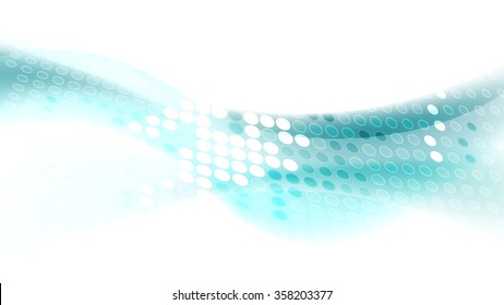 Turquoise waves with shiny halftone circles on white background. Vector flow blue wavy graphic design