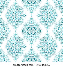 Patrón sin fisuras del vector de damasco blanco y turquesa. Elementos antiguos y paisley. Motivos tradicionales turcos. Ideal para tejidos y textiles, papel pintado, embalaje o cualquier idea deseada.