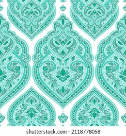 Patrón sin fisuras del vector de damasco blanco y turquesa. Elementos antiguos y paisley. Motivos tradicionales turcos. Ideal para tejidos y textiles, papel pintado, embalaje o cualquier idea deseada.