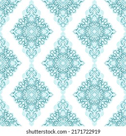 Turquoise and white damask vector seamless pattern. Vintage, paisley elements. Traditional, Turkish motifs. Great for fabric and textile, wallpaper, packaging or any desired idea.