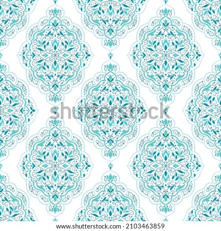 Turquoise and white damask vector seamless pattern. Vintage, paisley elements. Traditional, Turkish motifs. Great for fabric and textile, wallpaper, packaging or any desired idea.