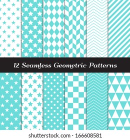 Turquoise and White Geometric Seamless Patterns. Backgrounds in Diamond, Chevron, Polka Dot, Checkerboard, Stars, Triangles, Herringbone and Stripes Patterns. Pattern Swatches with Global Colors.