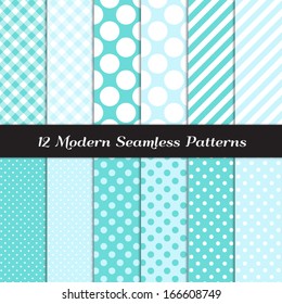 Turquoise and White Jumbo Polka Dots, Gingham and Stripes Seamless Patterns. Icy White Christmas Background. Pattern Swatches included and made with Global Colors.