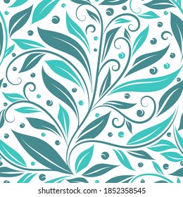 Turquoise and white leaves seamless pattern. Vintage vector ornament template. Paisley elements. Great for fabric, invitation, background, wallpaper, decoration, packaging or any desired idea.