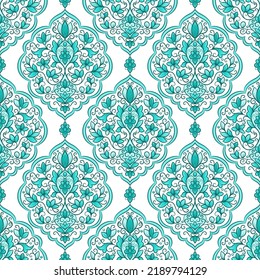 Turquoise and white luxury vector seamless pattern. Ornament, Traditional, Ethnic, Arabic, Turkish, Indian motifs. Great for fabric and textile, wallpaper, packaging design or any desired idea. 