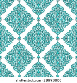 Türkisfarbene und weiße Luxus-Vektorgrafik nahtlos. Ornament, Traditionelle, ethnische, arabische, türkische, indische Motive. Ideal für Gewebe und Textilien, Tapeten, Verpackungsdesign oder jede erwünschte Idee. 
