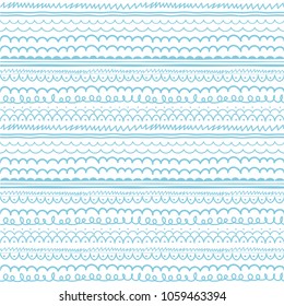 Turquoise  and white marine patterns, borders, dividers, brush lines, ornaments set. Doodle hand drawn navy blue striped abstract seamless pattern.